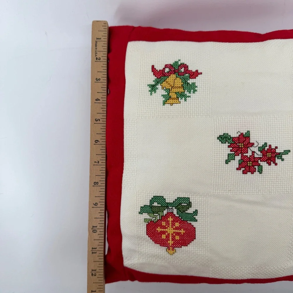 Vintage Christmas Cross Stitch Throw Pillow Red Velvet Holiday Decor 12x12
